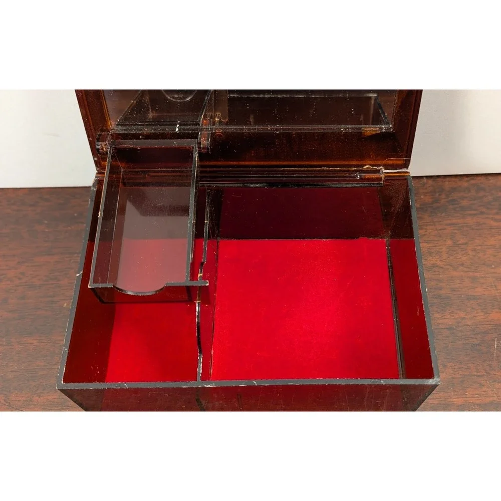Vintage Floral Amber Acrylic Jewelry Box Mirrored Lid Lucite Style Trinket Box